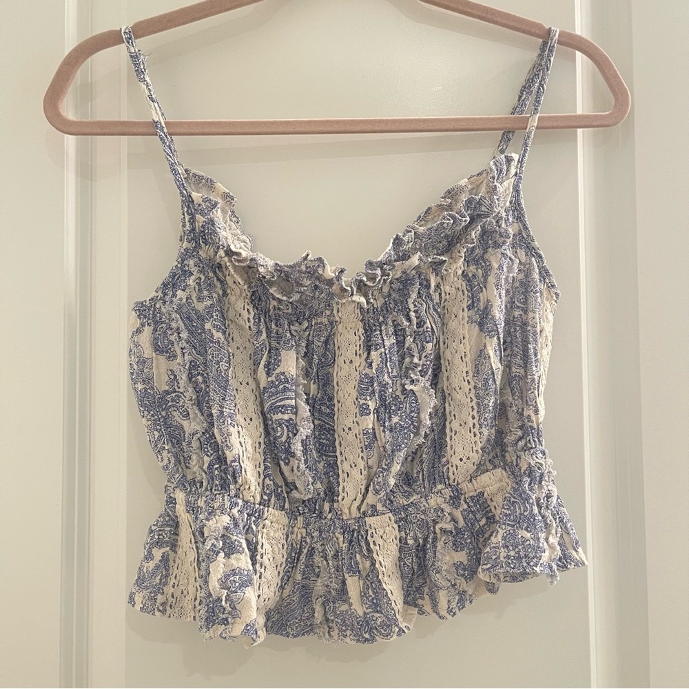 Olivaceous Blue & White Ruffled Smocked Paisley Cami - Picture 2 of 7